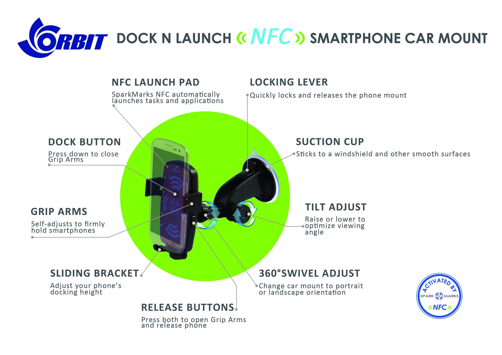"Dock N Launch" NFC Car Mount with SparkMarks NFC
