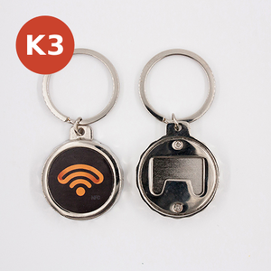 NFC Bottle Opener Keychain.
Stainless steel keychain with a water-resistant NFC tag on the front and bottle opener on back.
